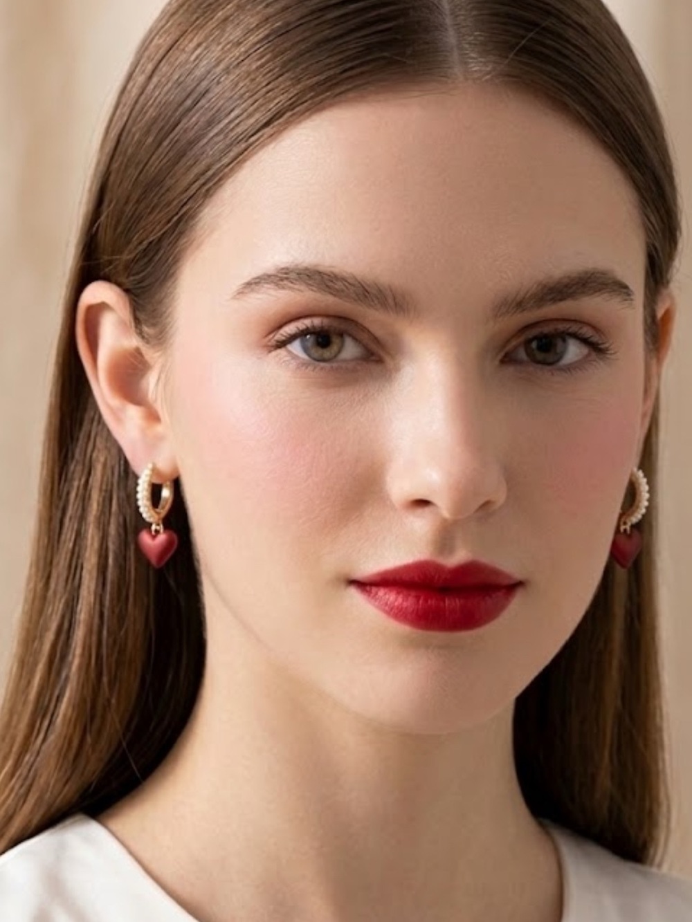 Red Heart & Pearl Hoop Earrings